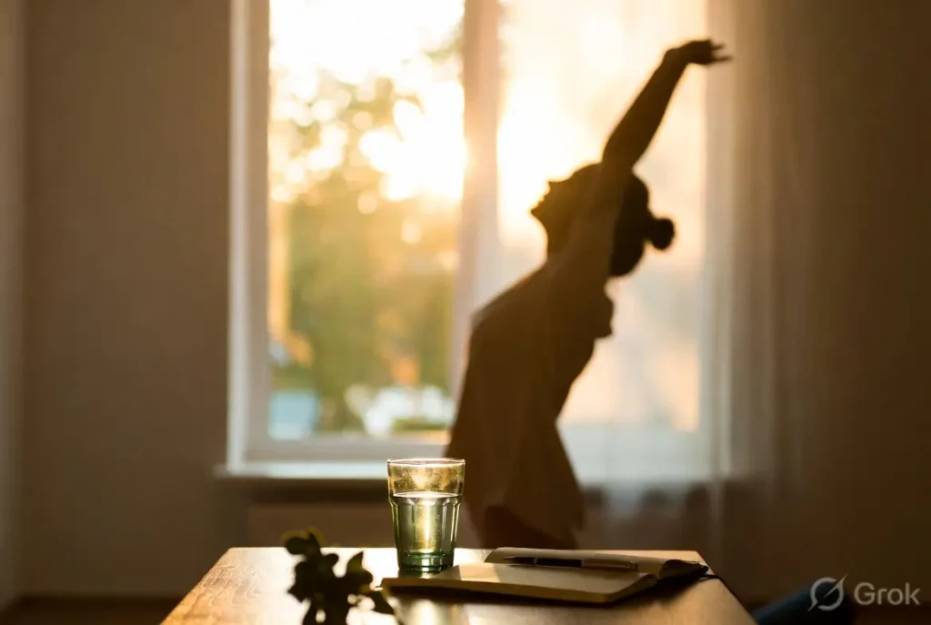 A person sitting in a peaceful room during sunrise, stretching their arms to start a productive morning routine.