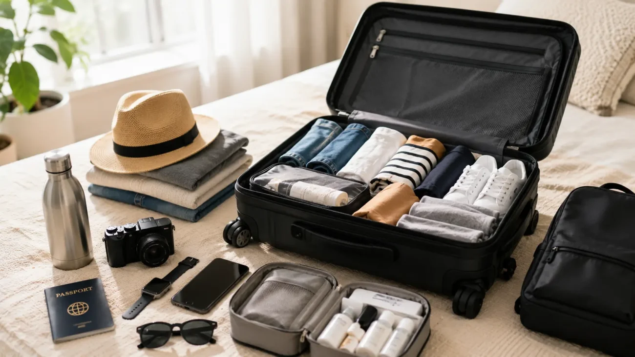 "An open carry-on suitcase neatly packed with clothes, a straw hat, and sunglasses on a bed for a light travel trip"