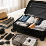 "An open carry-on suitcase neatly packed with clothes, a straw hat, and sunglasses on a bed for a light travel trip"