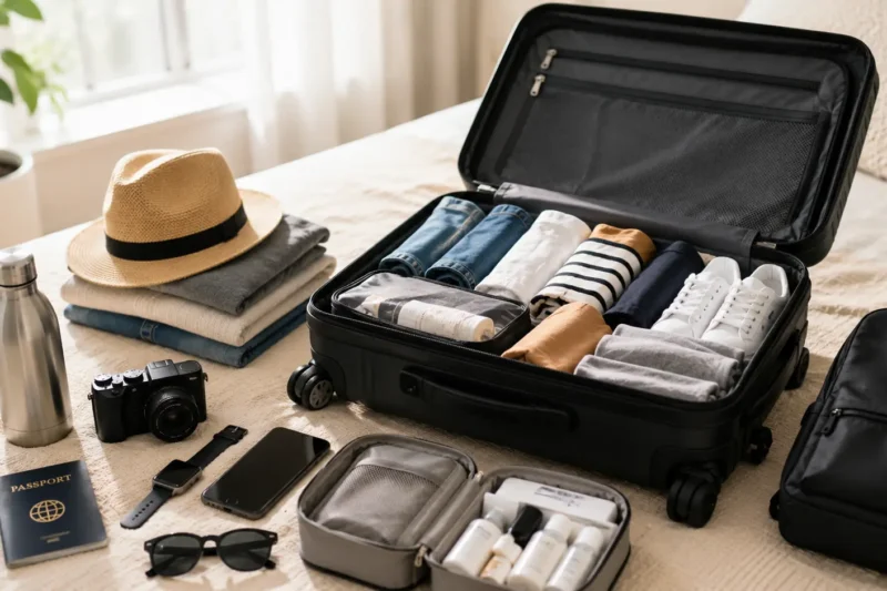 "An open carry-on suitcase neatly packed with clothes, a straw hat, and sunglasses on a bed for a light travel trip"