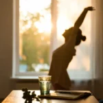 A person sitting in a peaceful room during sunrise, stretching their arms to start a productive morning routine.