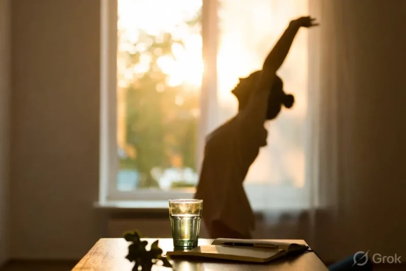A person sitting in a peaceful room during sunrise, stretching their arms to start a productive morning routine.
