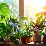 Healthy houseplants arranged on a table with warm summer sunlight streaming through a window