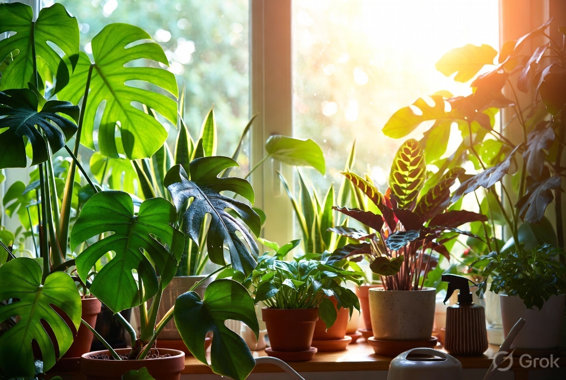 Healthy houseplants arranged on a table with warm summer sunlight streaming through a window